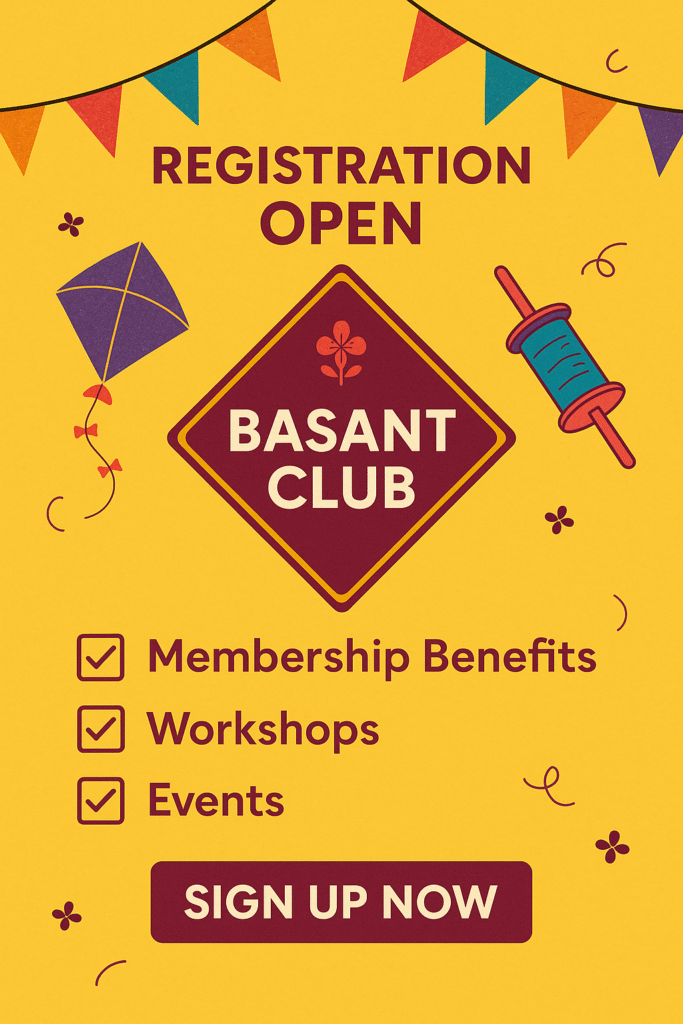 Promotional poster for Basant Clubs registration featuring benefits like membership, workshops, and events.